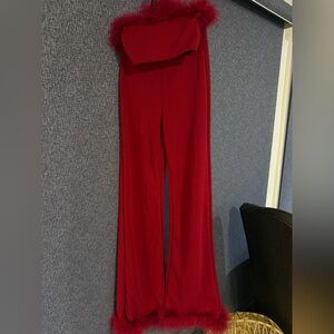 Fashion Nova Red Feather Trim 2-Piece Set (XS) | Never Worn